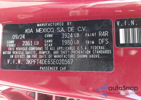 2025 Kia K4 Lxs z USA, uszkodzony, nr VIN 3KPFT4DE6SE020567
